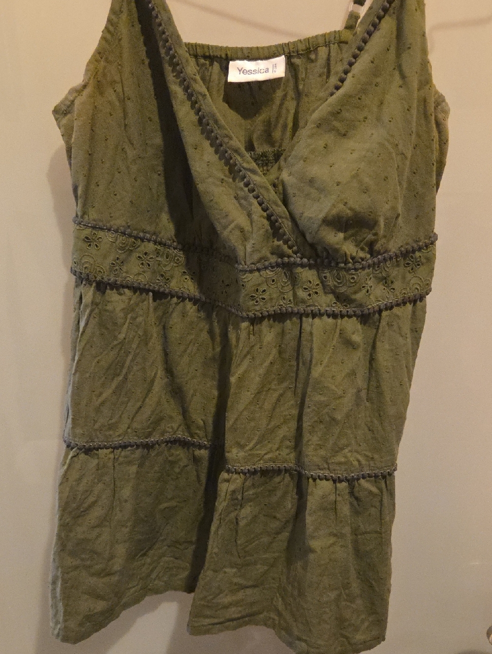 Yessica Olive Green Embroidered Tiered Tank Dress